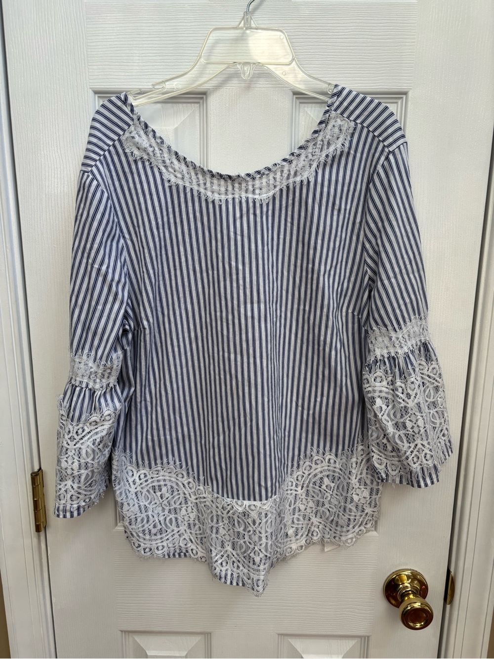 Woman’s Light Blue Striped Lace-Trim Top w/ Back Tie, Size S, EUC - Picture 2 of 5